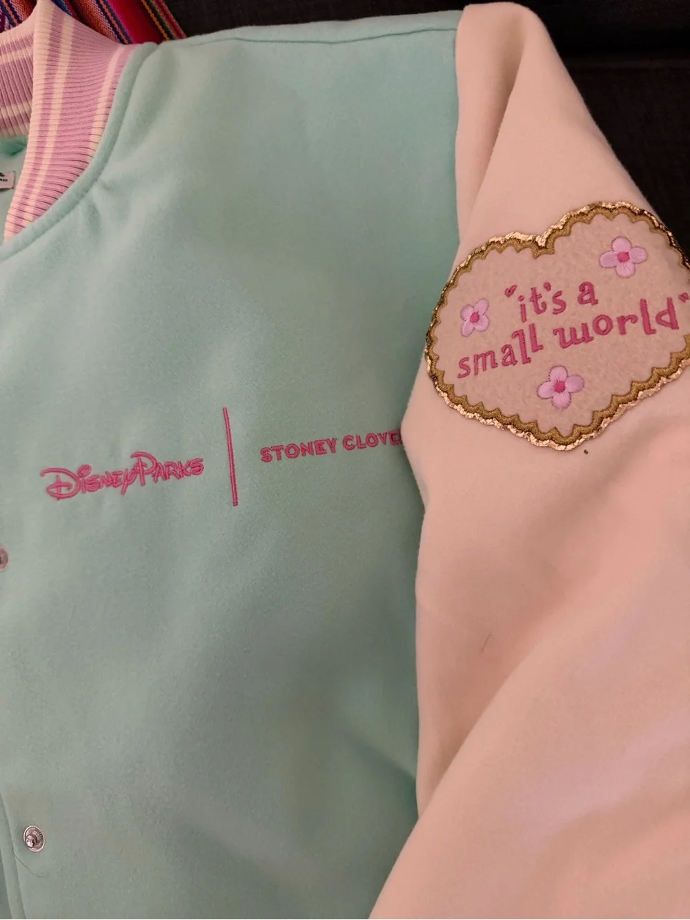 Disney "It's a Small World" x Stoney Clover Mint & Cream Varsity Jacket - Picture 3 of 6